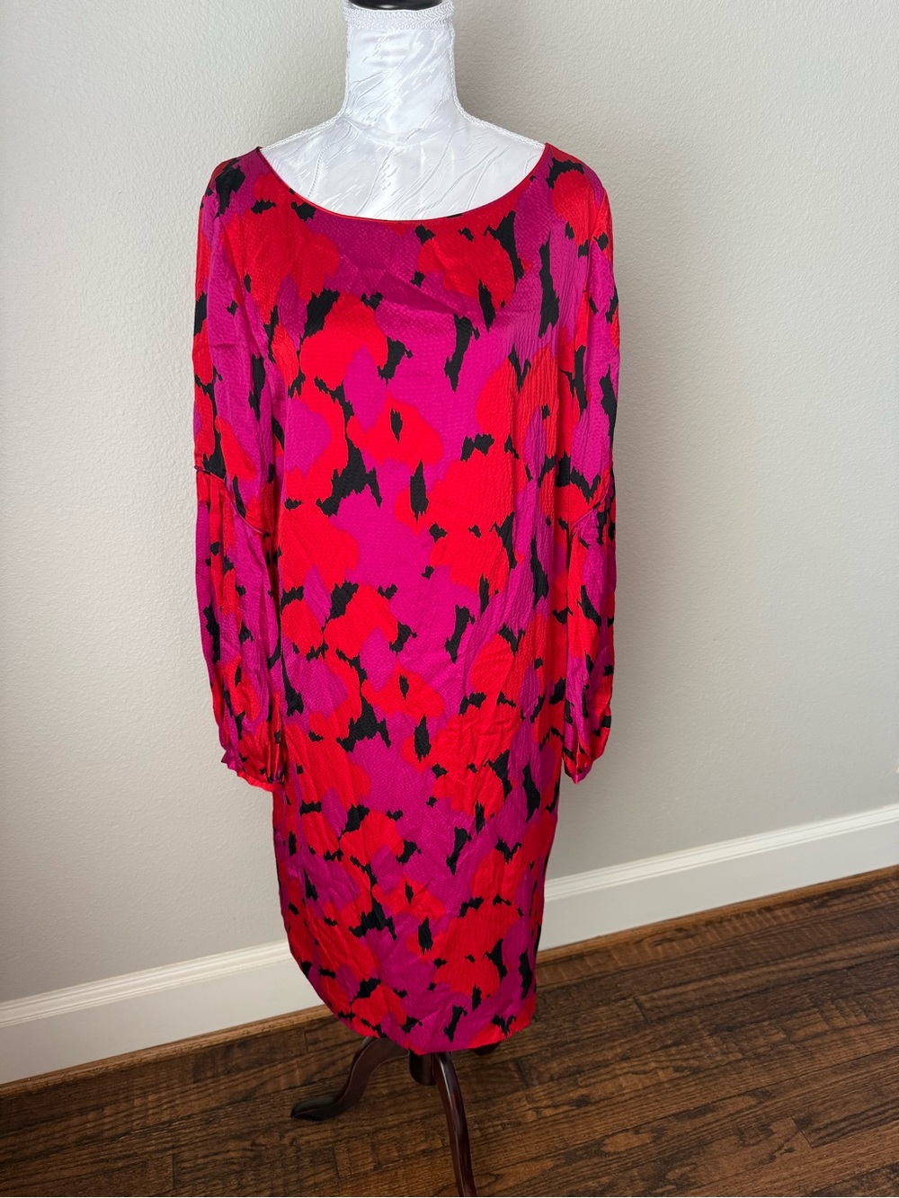 Tory Burch Fuchsia, Red & Black Long Sleeve Silk Shift Dress